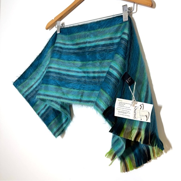 Shupaca Alpaca Scarf Blue Tini Teal Mint Green Stripe Silky Soft Wrap NWT Gift - Picture 3 of 9